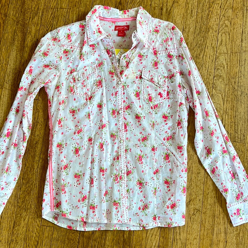Cowgirl Up pink floral western collared button down